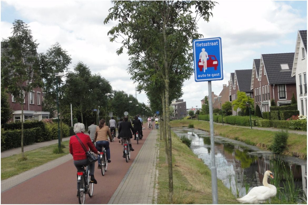 A group of seven bicyclists ride down a red brick path to the left of a canal and single white swan inHouton, the Netherlands